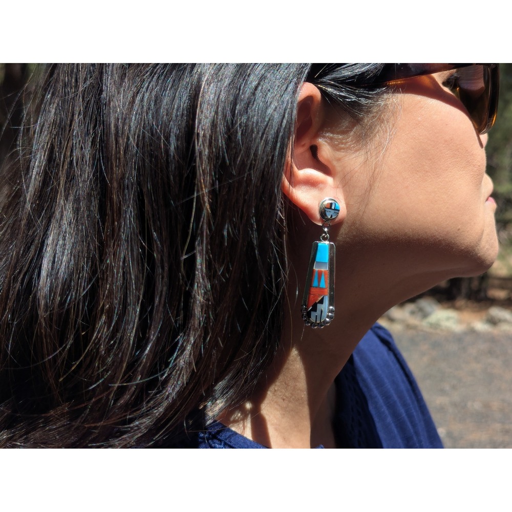 Zuni Multi Stone Inlay Turquoise Drop Earrings Native American Sterling Jewelry* - Picture 8 of 12